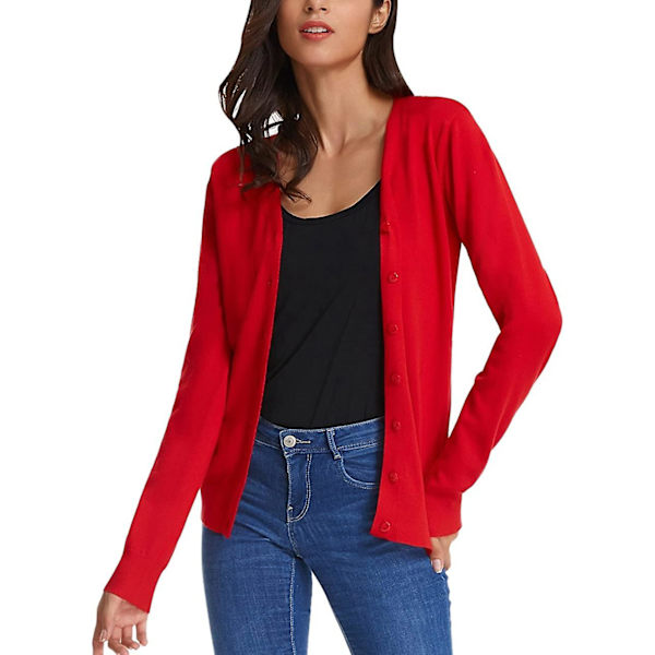 Kvinnors långärmad Button Down Vee Neck klassisk tröja stickad cardigan L