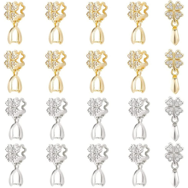 20 stk. 2 Farver Firkløver Isøkse Klemmebøjle Platin Lås Bøjle Gylden Snap On Bøjle Cubic Zirconia Klemme Clip Dingle Vedhæng Forsyninger Til St.