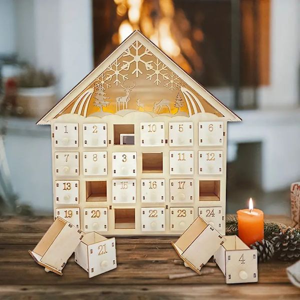 1 stk. Juletræ LED Nedtællings Adventskalender i Træ, Jule Nedtællings Adventskalender til Hjemme- og Udendørsbrug