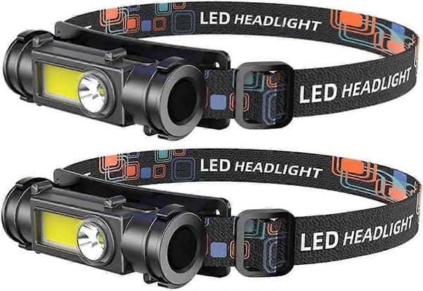 Sett med 2 18650 COB LED hodelykter med USB-oppladbart batteri