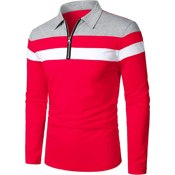 Herr Casual Långärmad Polotröjor Kontrastfärg Patchwork Bomull Tee Toppar Red L
