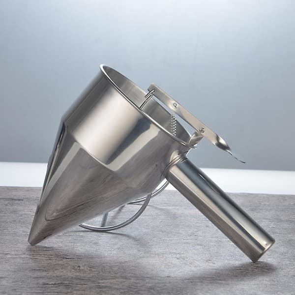 Røredispenser, Røredispenser i rustfritt stål for pannekakerøre, Stempeltrakt-dispenser med stativ for baking av kaker og desserter