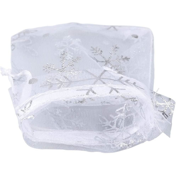 Snefnug Organza Poser til Jul, 100 Stk. Hvide Organza Gaveposer, 7 x 9 cm Organza Poser med Snøre til Jul, Bryllupsgaver, Smykker