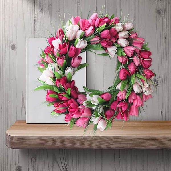 Tulipan Krans til Hoveddør, 20 tommer Kunstig Tulipan Blomsterkrans med Rattan Base, Forårstulipan Blomsterkrans Blomsterkrans til Forår Sommer Bryllup