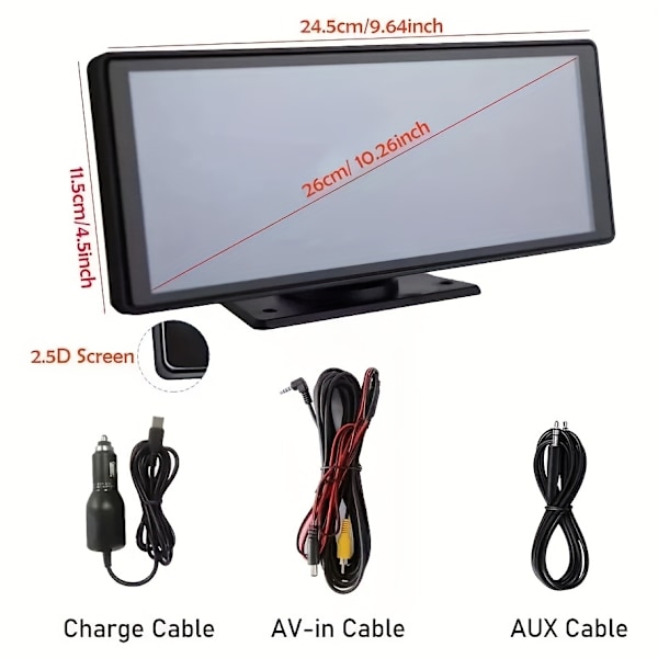 1 st 10.26 tum Bilspegelmonitor Carplay Android Auto Trådlös Anslutning Multimedia Videospelare GPS Navigation Instrumentbräda