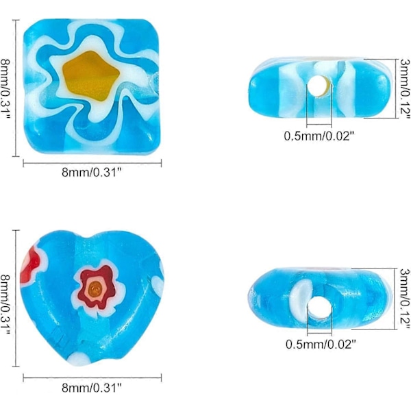 192 stk. Millefiori Lampwork Glassperler 4 Tråder Håndlagde Glassperler Firkantet Hjerte Fargede Glasurperler 0,5 mm Hull for Smykkefremstilling 8x8x3mm