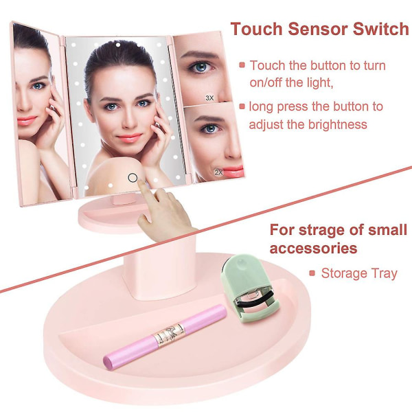 Sminkspegel|svart 22 ljus batteri + USB Tri-fold skönhetsspegel Pink