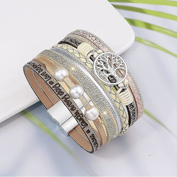 Livets Träd Armband Flerskikts Läder Wrap Manschett Bangle Magnet Spänne