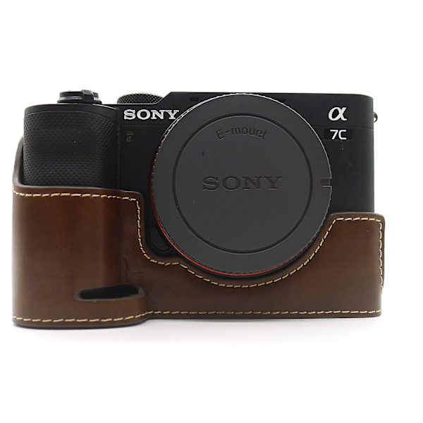 Kamerahalvtaske PU Læder Bund Beskyttelsescover med Batteriåbning til Sony A7C Coffee