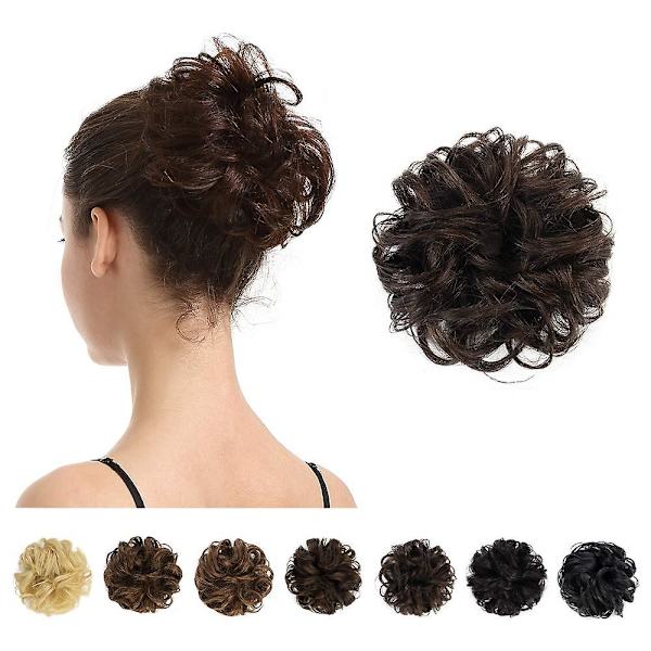 100% Människohår Bun, Slarvig Bun Scrunchies Ponytail Extensions Lockigt Hår Bun Hårbit För Kvinnor/Barn Tousled Updo Donut Chignons(2# Mörk Brun)