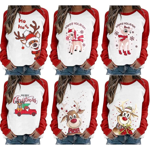 Jultröjor för damer Roliga tröjor med print för semestern (röd vit stil 6)