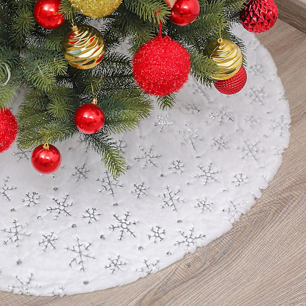90cm Vit Plysch Julgransmatta Julgransfotsskydd Med Silver Snöflingor Julgransmatta Julgransdekorationer Matta (silver