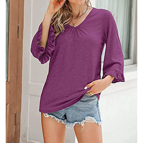 Dame Ensfargede Topper Casual V-hals Ruffle 3/4 Bell Erme Bluse Tunika Løs Skjorte Fuchsia M