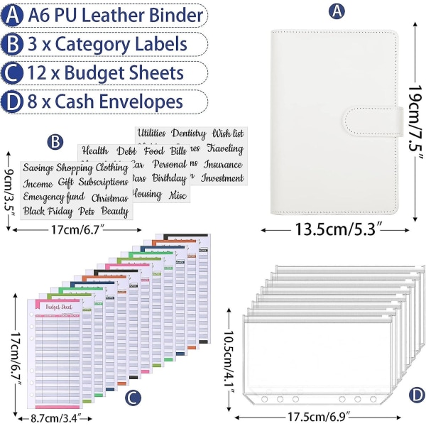 Budgetpärm med dragkedjeförsedda kuvert, kontantorganiseringssystem, utgiftsbudgetark och kontantkuvert för budgetering för pengabesparing, svart A  Phrases White