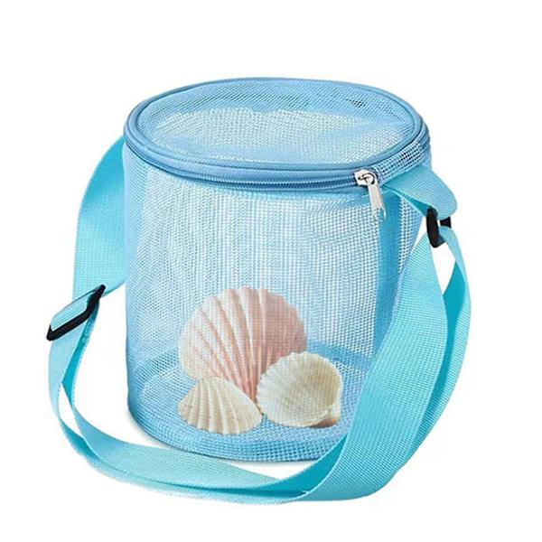 Strandveske for barn, skallinnsamlingsveske, oppbevaringsveske i netting med justerbar skulderstropp, sandtett og sammenleggbar for utendørsaktiviteter Sky blue