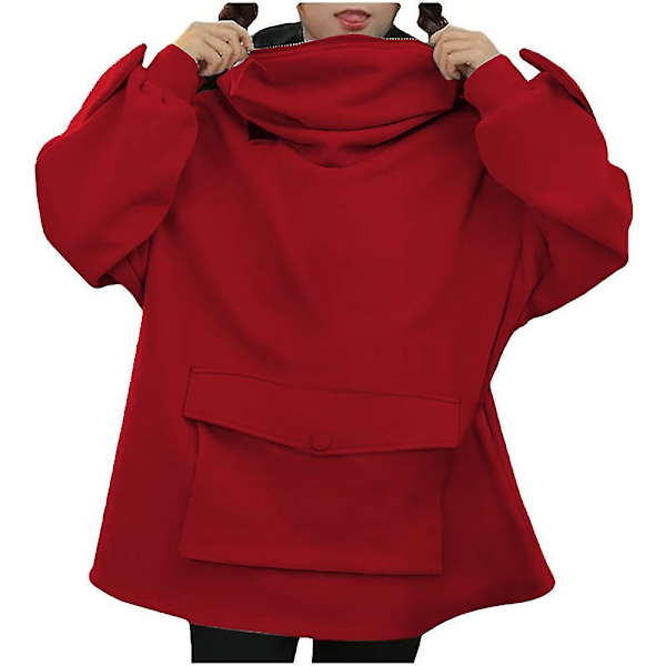 Naisten tyttöjen pusero Söpö sammakko huppari vetoketjullinen suu rento löysä tunika söpö cosplay -asu topit taskuilla Red XL