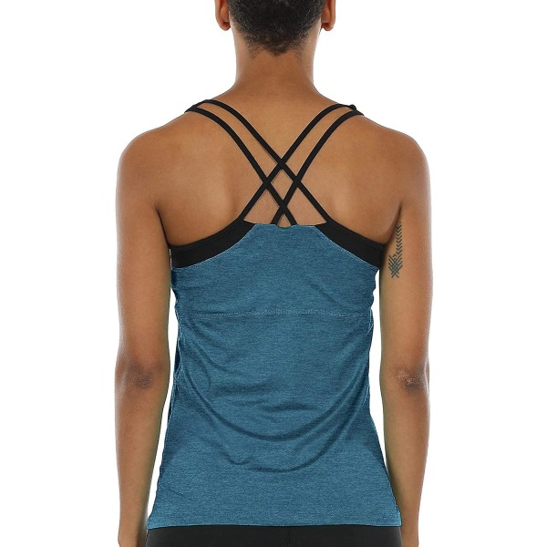 Träningsyoga linne för kvinnor med inbyggd bh, fitness med remmar i ryggen Blue XXL