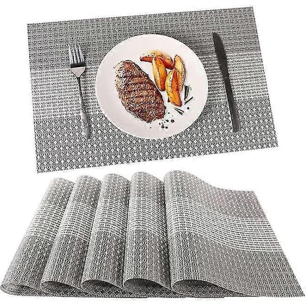 Sett med 6 vaskbare spisebrikker i PVC-plast (glittergrå)