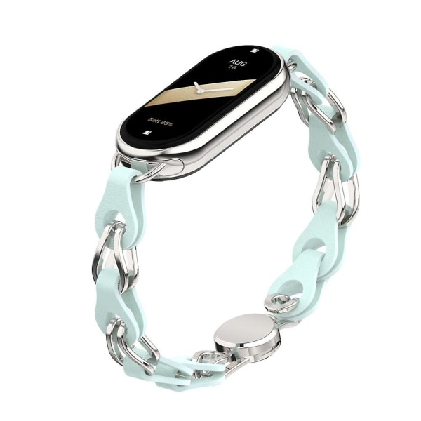 För Xiaomi Smart Band 8 magnetiskt watch äkta koläder+kedjearmband av aluminiumlegering Blue