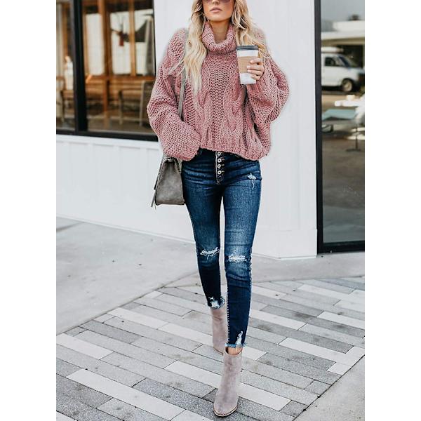 Kabelstrikket turtleneck-genser for kvinner, avslappet tykk langermet topp pullover