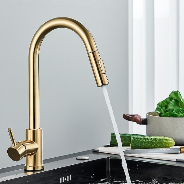 Enkelgrepp Pull-down Köksblandare, Köks Touch Sensing Rostfritt Stål Kran Diskho Induktion Pull-typ Rotation