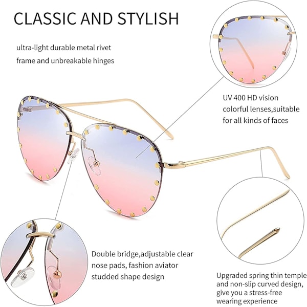 Heytea Nitade Solglasögon för Kvinnor Trendiga Nitade Aviator Solglasögon Metallram UV 400