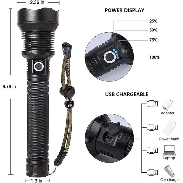 Uppladdningsbara LED-ficklampor med hög lumen, 90 000 lumen superljus zoombar vattentät ficklampa med batterier ingår och 3 lägen, kraftfull handhållen