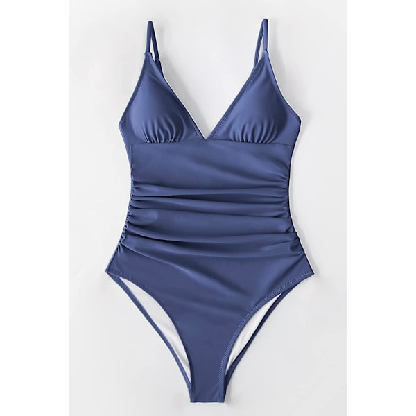 Dame Badedragt Heldragt V-hals Mavekontrol Rynket Front Lav Ryg Dark Blue M