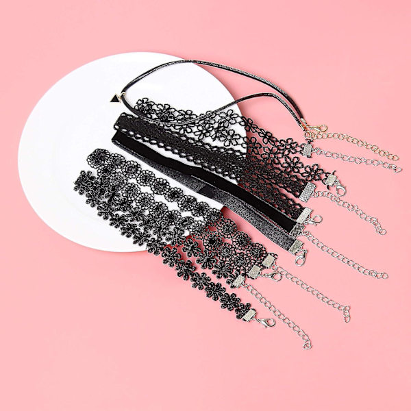 6 stk. Halskæder Sort Fløjl Choker Sæt Klassisk Gotisk Tattoo Blonde Chokers
