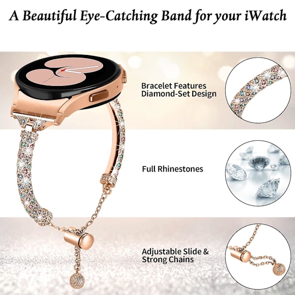 Metallklockarmband för Samsung Galaxy Watch 6 40mm 44mm, Koppararmband med kontakt Rose Gold Colorful Rhinestone