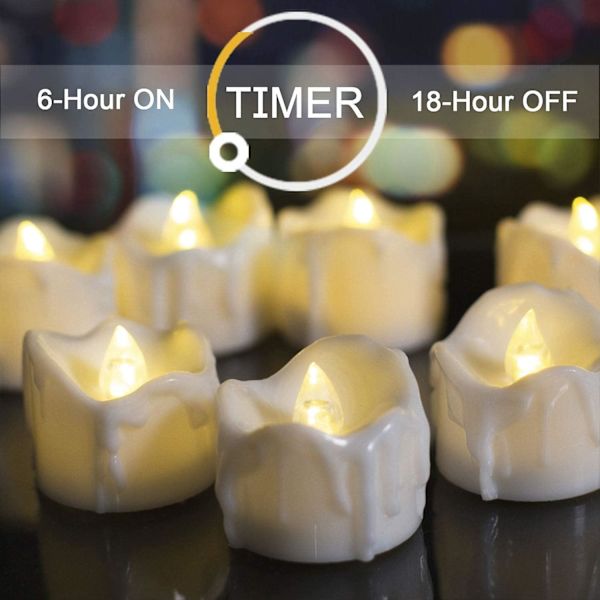 Flamlösa LED-värmeljus med timer, set om 12 batteridrivna flimrande värmeljus för mors dag-presenter, 6 timmar på och 18 timmar av i 24 timmar