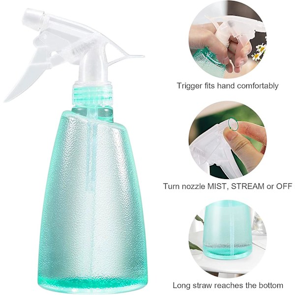 3-pakning Acsergery Gave Tomme Plastsprayflasker, 500 ml Justerbar Dyse Vann