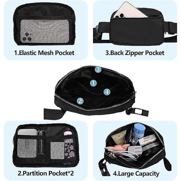 Snygg midjeväska i nylon för män och kvinnor, vattentät, sportig, casual, crossbody-väska Black