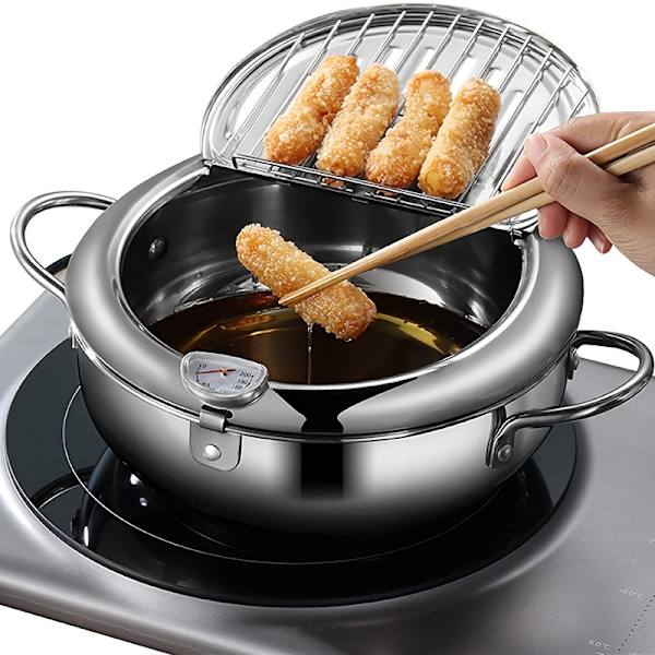 1 kpl Tempura-rasvakeitin, paksuuntettu 304 ruostumattomasta teräksestä valmistettu tempura-keitin lämpömittarilla, japanilaistyylinen tempura-paistinpannu