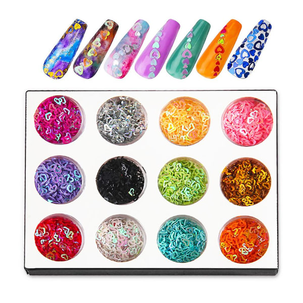 Neglekunst Hul Flash Sequin, 12-farvet Holografisk Flash Blandet Hjerteformet Valentinsdag Negle Decal Set4