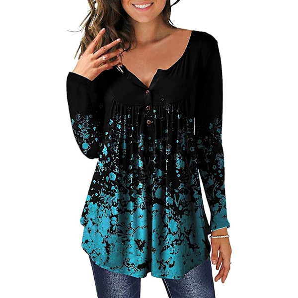 Dame Tunika Topper Ensfarget Plissert V-hals Knapper Bluse Blomstertrykte Damer Blackflo L