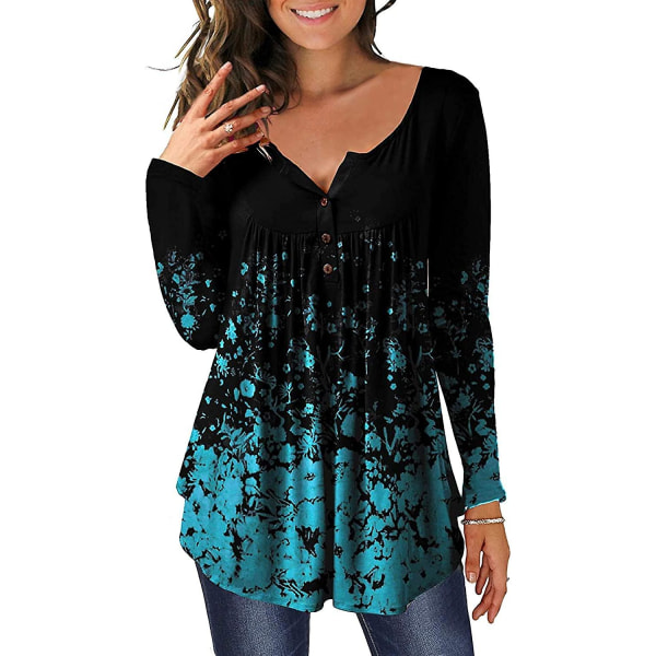 Dame Tunika Topper Ensfarget Plissert V-hals Knapper Bluse Blomstertrykte Damer Yellow M