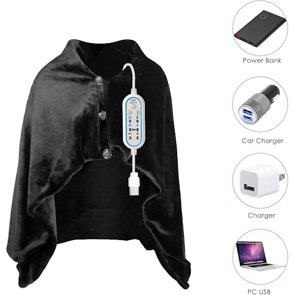 Elektrisk varmeteppe, USB-oppvarmet sjal, elektrisk oppvarmet poncho, teppe med 3 varmenivåer, 3 tidsinnstillinger, 11\" X 17,5\"