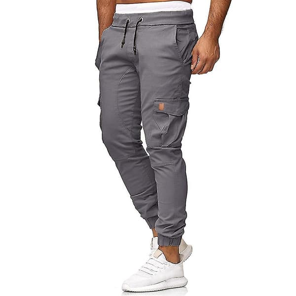 Herr Elastisk Midja Cargofickor Byxor Slim Fit Sport Combat Cuffed Pants Grey L