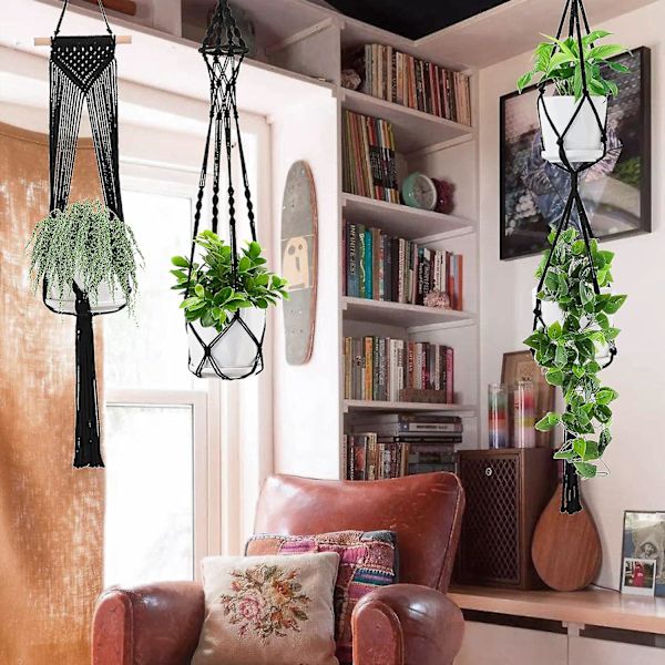 Macrame växtupphängare - 6-pack hängande krukor för inomhusväxter med 6 set