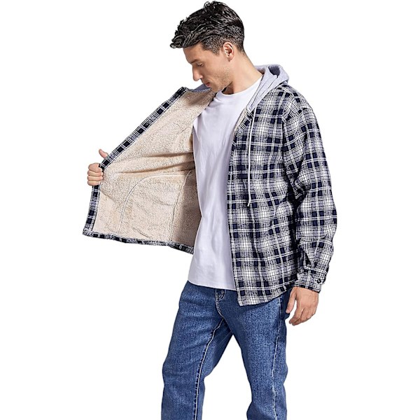 Rutete bomullsjakke for menn, fleeceforet flanellskjorte, Sherpa-jakke med knapper og hette for menn Blue L