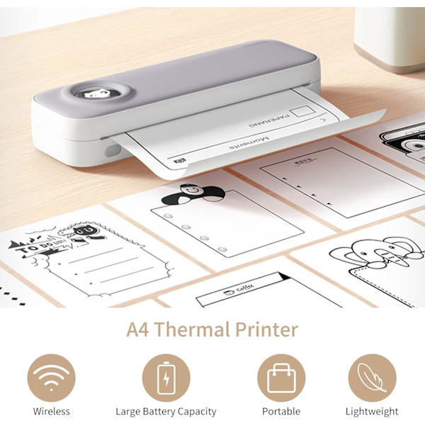 F2S A4 Størrelse Bærbar Printer Termisk Udskrivning Trådløs BT Rejse Mobilprinter Understøtter 4/8 tommer Kompatibel med Android og iOS Window Mac