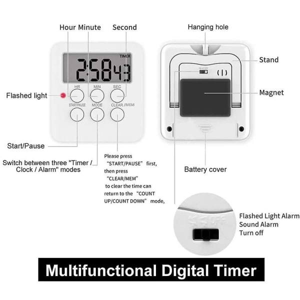 Kökstimer Magnetisk digital timer och stoppur Kökslarmtimer Kortvarig väckarklocka med ljud- och ljussignal, idealisk kökstimer F