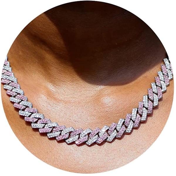 Hopeanvärinen Bling Miami Cuban Link -ketju miehille ja naisille, jäädytetty Miami Cuban -kaulakoru, timanttiketju miehille, 14 mm värikäs hiphop-koru