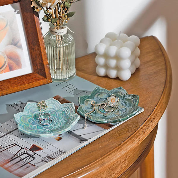 Boho Ringfat Liten Smyckeskål Keramik Prydnadsbricka Kristallhållare 2 Set Boho Dekor