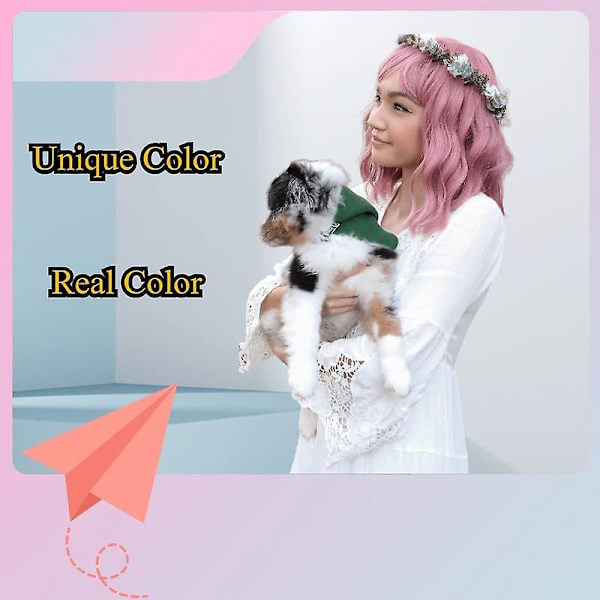 Pastellfärgad vågig peruk med luftlugg, kort lila rosa lockig axellång syntetisk peruk för dagligt bruk, färgglad cosplayperuk för tjejer