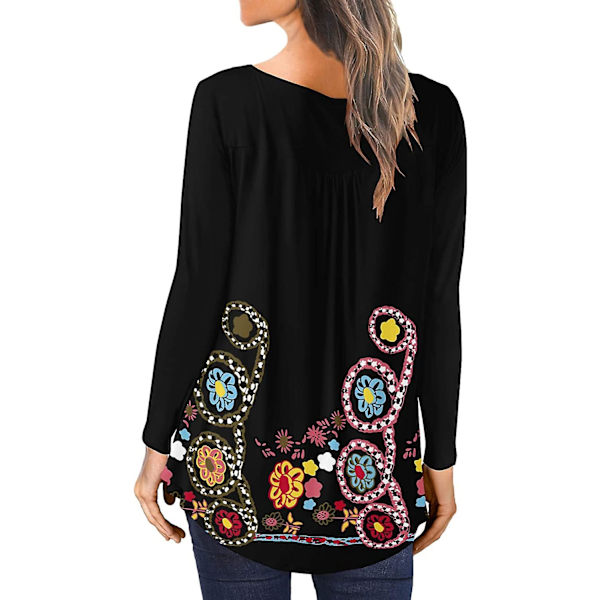 Dame Tunika Topper Ensfarget Plissert V-hals Knapper Bluse Blomstertrykte Damer Tealwhite XL