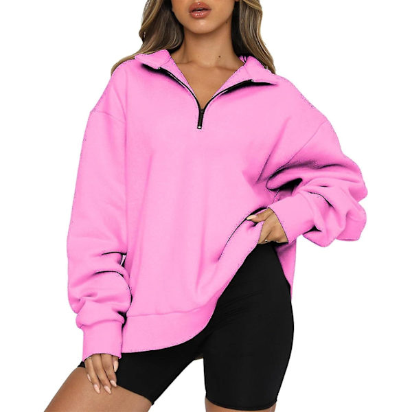 Naisten syksyn collegepaidat, Oversized puolivetoketjullinen pitkähihainen collegepaita, neljännesvetoketjullinen trendikäs huppari, asuja teineille m0 pink Medium