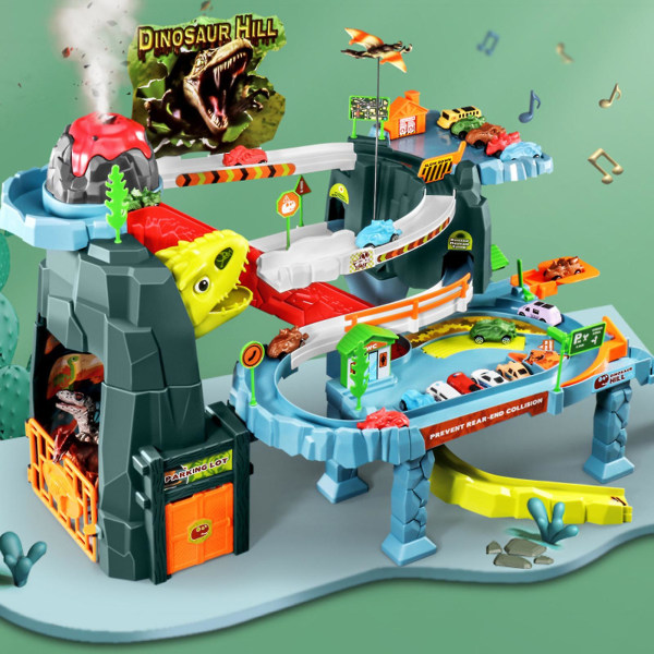 2023 Ny uppgradering Dinosaur Leksak Ramp Bil Race Track lekset för barn med 8 leksaksbilar, elektriska banor och vulkanvattenspray med musik, födelsedag för C