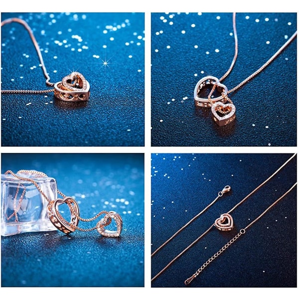 Halsband med hjärta för kvinnor, roséguld, silver, dubbelt hjärthänge med kristaller, dekorerad, graverad "I Love U", presentask (mamma, I Love U)